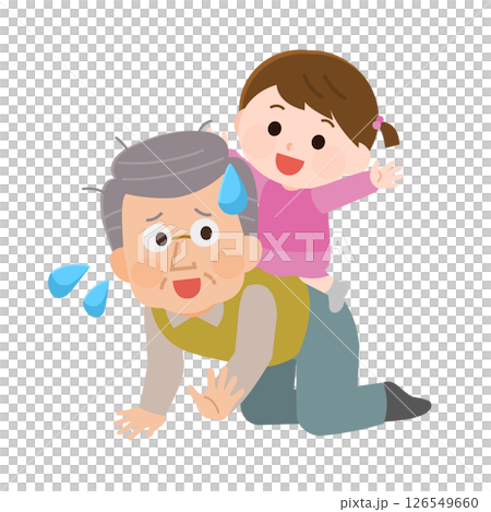 孫と遊んで疲れる高齢男性　孫疲れ　イラスト 126549660
