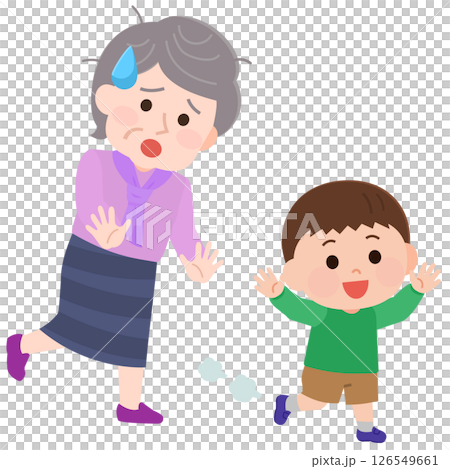Elderly woman getting tired after playing with her grandchildren, Grandchildren tired, illustration 126549661