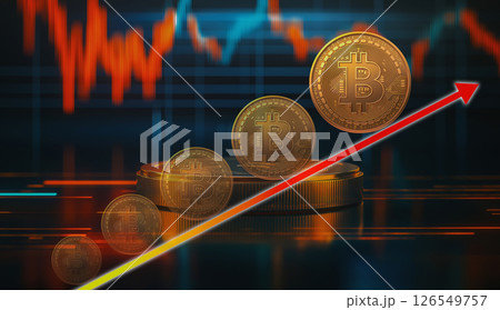 上昇するビットコインと上昇していくグラフ 上昇するビットコインと上昇していくグラフ 126549757