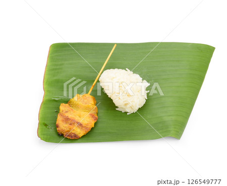 Grilled pork with sticky rice isolated on white background, Thai food Grilled pork with sticky rice isolated on white background, Thai food 126549777