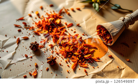 creative flat lay of saffron on a parchment background, with warm amber hues, gentle sunrise glow 126549897
