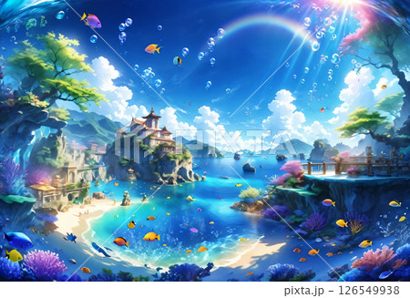 南国リゾートのイメージ背景。虹が架かる青空と海を熱帯魚が泳ぐ夏の自然風景 126549938