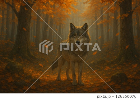 秋の森の中の狼 126550076