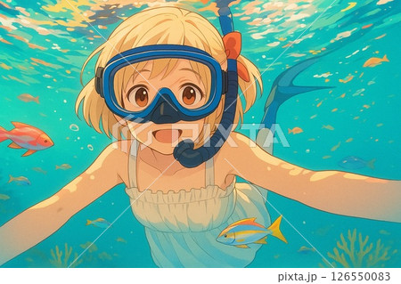 水中の笑顔のシュノーケリングガール 126550083