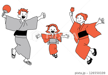 夏祭りでジャンプする家族のイラスト（浴衣・りんご飴・うちわ） 126550109