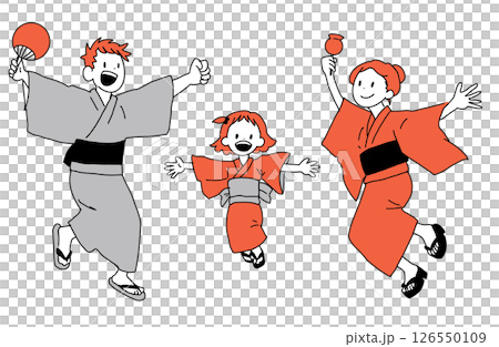 夏日祭典中一家人跳躍的插圖（浴衣、糖蘋果、扇子） 126550109