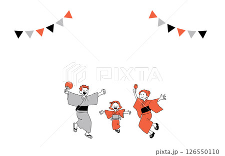 夏祭りジャンプ家族のフレーム風イラスト（和風・浴衣・りんご飴） 126550110