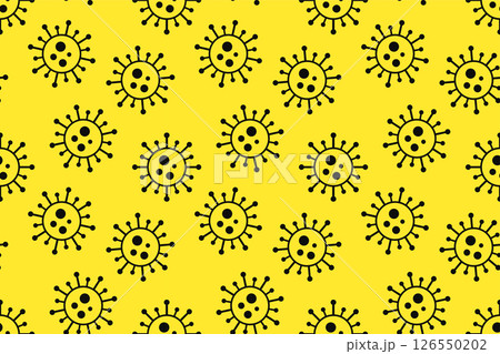 Bright black and yellow seamless virus pattern. Pandemic health danger background with abstract medical bacteria symbols. Vector illustration for fabric, design, print, wallpaper, cover, covid concept 126550202