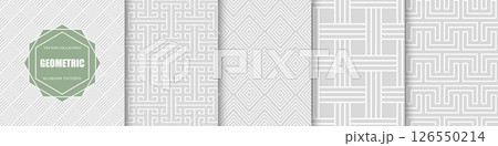 Collection of vector seamless geometric ornament patterns. Striped grey abstract backgrounds. Minimal textures with symmetry lines. Endless monochrome unusual prints Collection of vector seamless geometric ornament patterns. Striped grey abstract backgrounds. Minimal textures with symmetry lines. Endless monochrome unusual prints 126550214