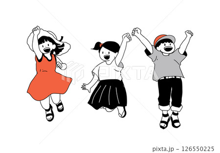 ジャンプする子どもたちのイラスト（夏服・笑顔・3人組） 126550225