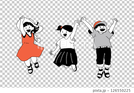 Illustration of jumping children (summer clothes, smiling, group of three) 126550225