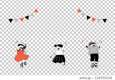 ジャンプする子どもたちのフレーム風イラスト（旗飾り・夏服） 126550226