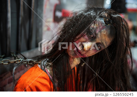 Prison ghost with chain tie on neck. Halloween 2025 decoration Prison ghost with chain tie on neck. Halloween 2025 decoration 126550245