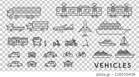 Illustration set of various vehicles, simple line drawings 126550436
