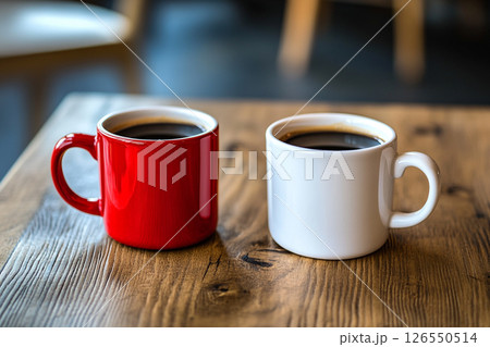Two ceramic mugs, one red and one white, sit side by side on a wooden table, with a softly blurred background featuring brick walls and greenery. Two ceramic mugs, one red and one white, sit side by side on a wooden table, with a softly blurred background featuring brick walls and greenery. 126550514