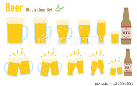 ビールのイラストセット（ジョッキ・グラス・瓶・乾杯のフラットデザイン） 126550653