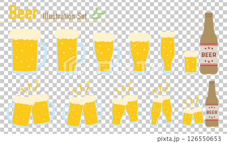 ビールのイラストセット（ジョッキ・グラス・瓶・乾杯のフラットデザイン） 126550653