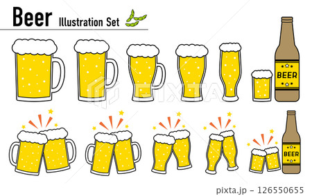 ビールのイラストセット（ジョッキ・グラス・瓶・乾杯のフラットデザイン） 126550655