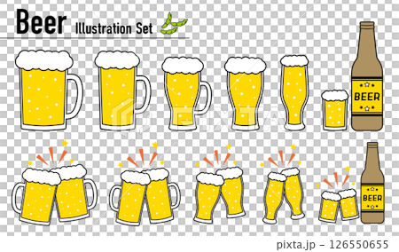 ビールのイラストセット（ジョッキ・グラス・瓶・乾杯のフラットデザイン） 126550655