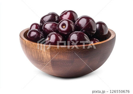 A wooden bowl filled with fresh, dark red cherries, each covered in water droplets, creating a visually appealing and appetizing image. 126550676