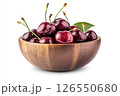 A wooden bowl filled with fresh, dark red cherries, each covered in water droplets, creating a visually appealing and appetizing image. 126550680