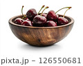 A wooden bowl filled with fresh, dark red cherries, each covered in water droplets, creating a visually appealing and appetizing image. 126550681