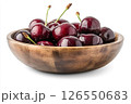 A wooden bowl filled with fresh, dark red cherries, each covered in water droplets, creating a visually appealing and appetizing image. 126550683