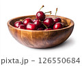 A wooden bowl filled with fresh, dark red cherries, each covered in water droplets, creating a visually appealing and appetizing image. 126550684
