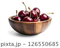 A wooden bowl filled with fresh, dark red cherries, each covered in water droplets, creating a visually appealing and appetizing image. 126550685