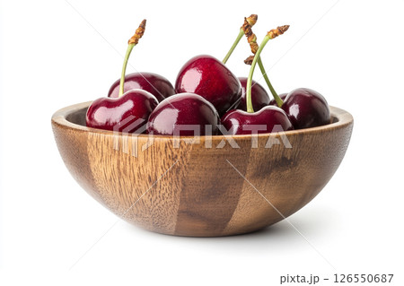 A wooden bowl filled with fresh, dark red cherries, each covered in water droplets, creating a visually appealing and appetizing image. A wooden bowl filled with fresh, dark red cherries, each covered in water droplets, creating a visually appealing and appetizing image. 126550687