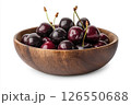 A wooden bowl filled with fresh, dark red cherries, each covered in water droplets, creating a visually appealing and appetizing image. 126550688