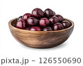 A wooden bowl filled with fresh, dark red cherries, each covered in water droplets, creating a visually appealing and appetizing image. 126550690