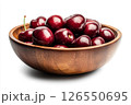 A wooden bowl filled with fresh, dark red cherries, each covered in water droplets, creating a visually appealing and appetizing image. 126550695