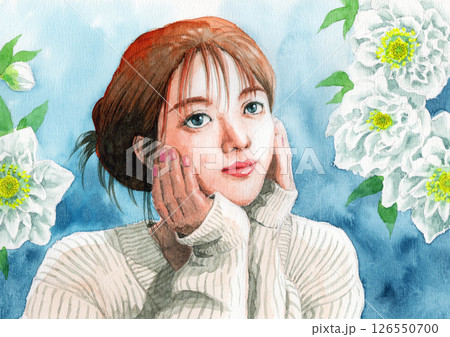 アナログ水彩若い女性とクリスマスローズ 126550700