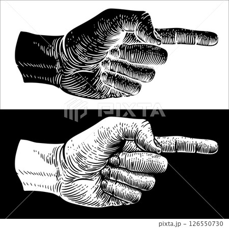 Hand Pointing Finger Etched Vintage Woodcut Style 126550730