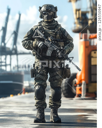 A soldier in full-body armor stands by a seaport, holding a special rifle. The soldier is equipped with tactical gear, including a helmet, backpack, and knee pads. The background features mountains an A soldier in full-body armor stands by a seaport, holding a special rifle. The soldier is equipped with tactical gear, including a helmet, backpack, and knee pads. The background features mountains an 126550947