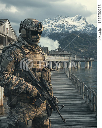 A soldier in full-body armor stands by a...のイラスト素材 [126550958] - PIXTA