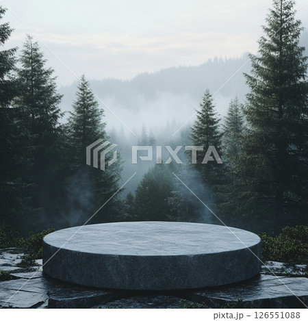 A misty forest with dense evergreen trees surrounds a large round stone platform in the foreground, creating a serene and mysterious atmosphere with soft fog rolling through the landscape. 126551088