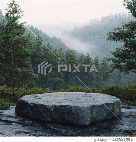 A misty forest with dense evergreen trees surrounds a large round stone platform in the foreground, creating a serene and mysterious atmosphere with soft fog rolling through the landscape. A misty forest with dense evergreen trees surrounds a large round stone platform in the foreground, creating a serene and mysterious atmosphere with soft fog rolling through the landscape. 126551092