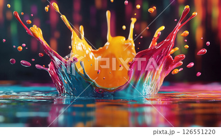 A vibrant explosion of red and yellow paint colliding in mid-air, creating a dynamic splash against a dark background. 126551220