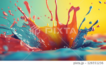 A vibrant explosion of red and yellow paint colliding in mid-air, creating a dynamic splash against a dark background. 126551236