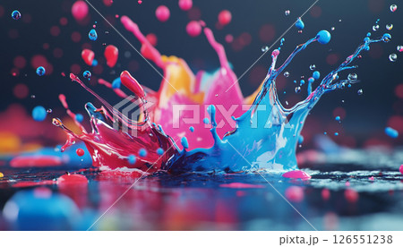 A vibrant explosion of red and yellow paint colliding in mid-air, creating a dynamic splash against a dark background. 126551238