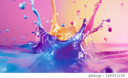 A vibrant explosion of red and yellow paint colliding in mid-air, creating a dynamic splash against a dark background. 126551239