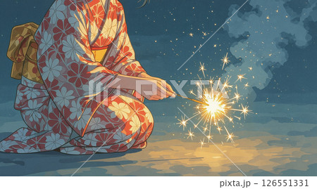 線香花火を楽しむ浴衣姿の女性 126551331