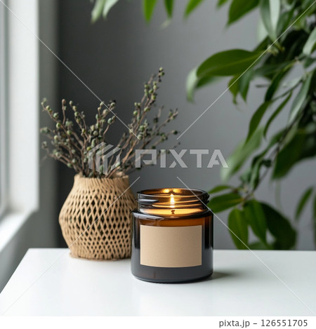 A lit candle sits next to a planter with green leaves. 126551705