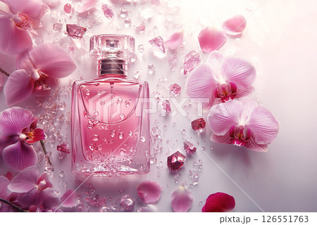 A pink perfume bottle sits among orchids, creating an elegant and luxurious aesthetic. A pink perfume bottle sits among orchids, creating an elegant and luxurious aesthetic. 126551763