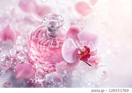 A pink perfume bottle sits among orchids, creating an elegant and luxurious aesthetic. 126551769