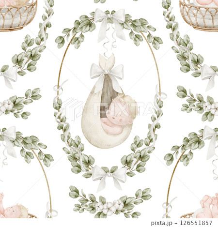 Seamless watercolor Pattern with sleeping Babies in bassinets, swaddled in ribbon wreaths and surrounded by eucalyptus leaves. Illustration pf Background with Infant in cradle childish wrapping paper. 126551857