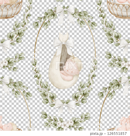 Seamless watercolor Pattern with sleeping Babies in bassinets, swaddled in ribbon wreaths and surrounded by eucalyptus leaves. Illustration pf Background with Infant in cradle childish wrapping paper. 126551857