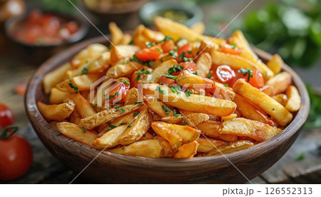 Wooden bowl with French fries and tomatoes a staple fast food dish 126552313